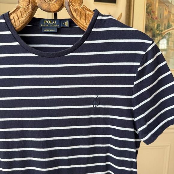 Polo Ralph Lauren Light Dark Blue Stripe Tshirt M - Picture 1 of 6